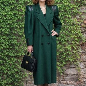 VINTAGE OTELLO PELLE Emerald Green Leather Trimmed Wool Coat, M